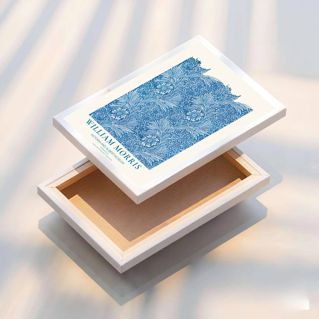 Striking blue cyan floral wall hanging featuring William Morris Marigold motifs from the V&amp;A museum collection. Choose framed, unframed, and canvas options available from MapYourDreams.