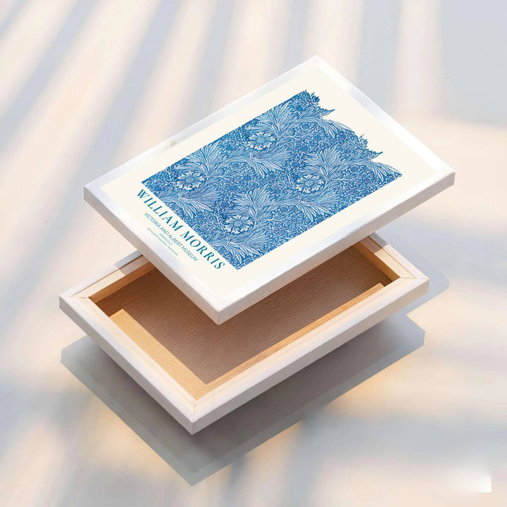 Striking blue cyan floral wall hanging featuring William Morris Marigold motifs from the V&amp;A museum collection. Choose framed, unframed, and canvas options available from MapYourDreams.