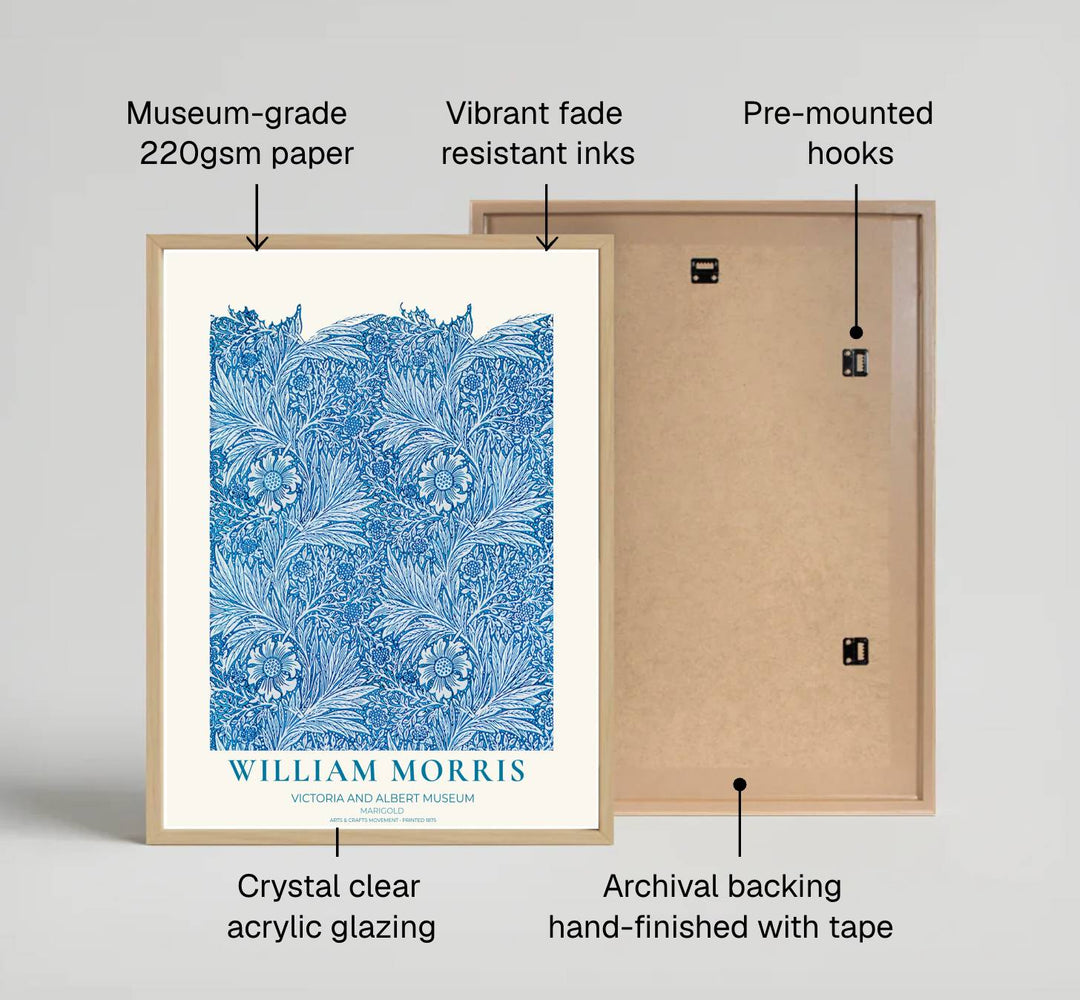 Historic Arts and Crafts Movement wall art print displaying the William Morris Marigold layout in blue cyan tones. Discover premium framed, unframed, and canvas options available at MapYourDreams.