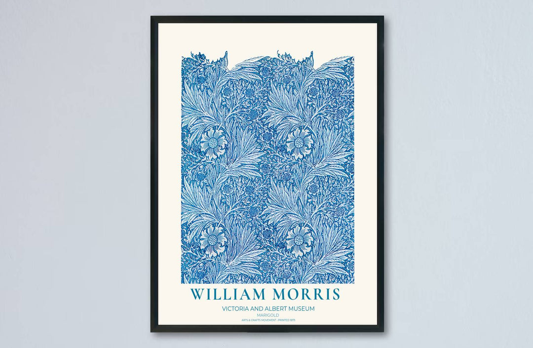 Vintage English heritage poster showing a dense blue tapestry of William Morris Marigold vines on paper. Explore our selection of framed, unframed, and canvas options available at MapYourDreams.