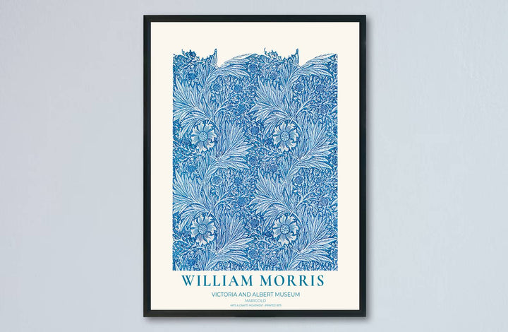 Vintage English heritage poster showing a dense blue tapestry of William Morris Marigold vines on paper. Explore our selection of framed, unframed, and canvas options available at MapYourDreams.