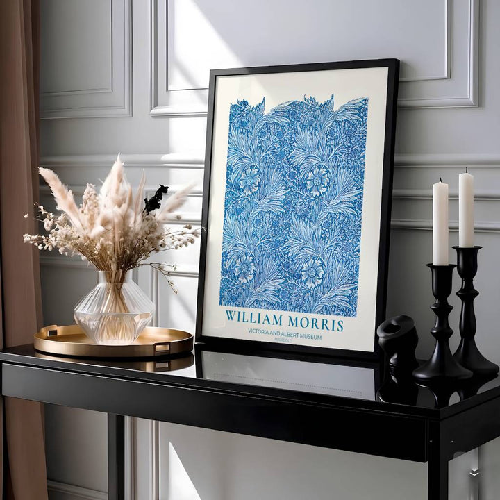 Intricate 1875 William Morris Marigold wallpaper pattern in vibrant cyan and blue with V&amp;A museum text. Shop high quality framed, unframed, and canvas options available today at MapYourDreams.