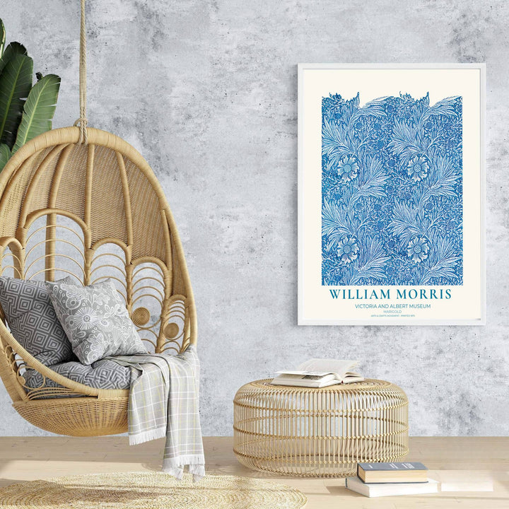 Classic blue floral tapestry print illustrating William Morris Marigold foliage, designed for bright interior schemes. Select fine framed, unframed, and canvas options available at MapYourDreams.