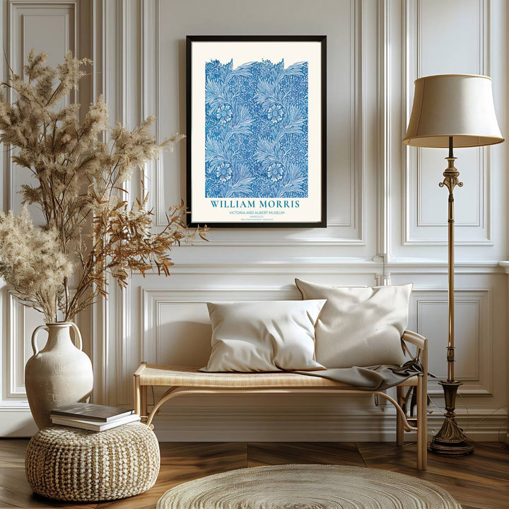 Fine art print of the William Morris Marigold design, displaying historic botanical craftsmanship in cyan blue. MapYourDreams features top quality framed, unframed, and canvas options available.