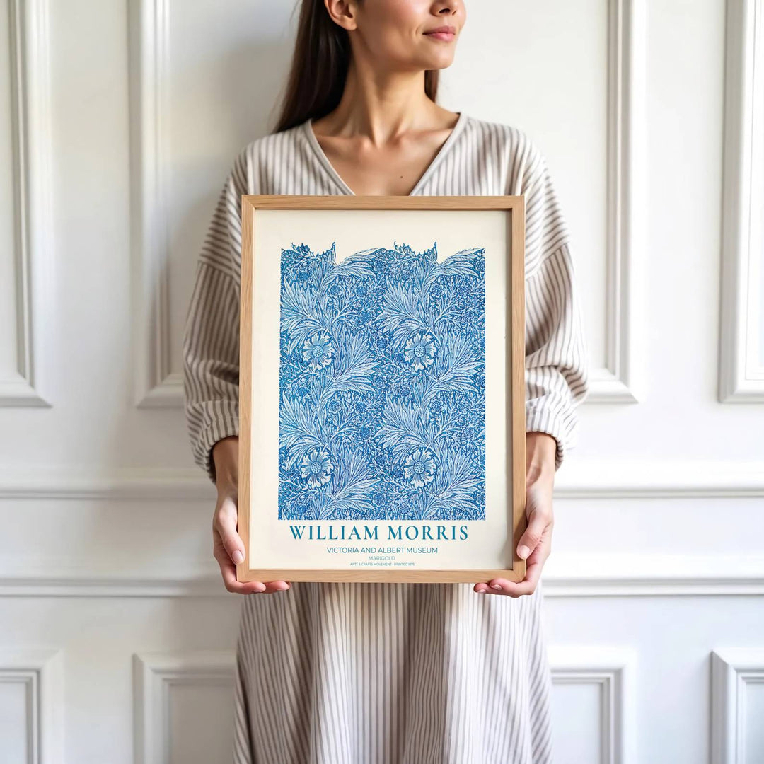 Refreshing living room art print displaying the 1875 William Morris Marigold layout in royal blue and cyan. MapYourDreams has ready-to-hang framed, unframed, and canvas options available for decor.