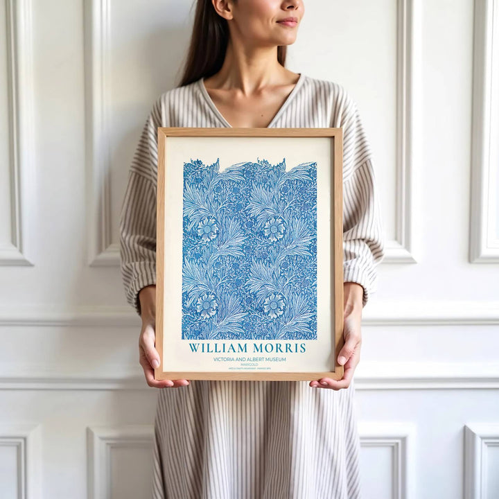 Refreshing living room art print displaying the 1875 William Morris Marigold layout in royal blue and cyan. MapYourDreams has ready-to-hang framed, unframed, and canvas options available for decor.