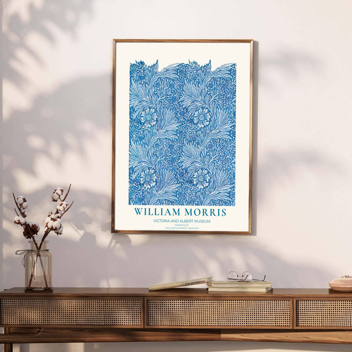 Archival exhibition poster of the blue cyan William Morris Marigold design with Victoria &amp; Albert Museum text. Discover our tailored framed, unframed, and canvas options available at MapYourDreams.