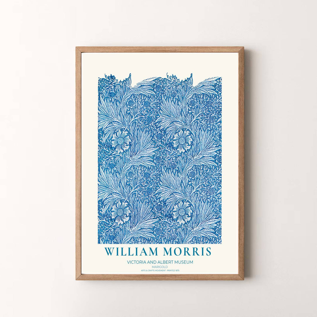 Vibrant botanical gallery wall piece featuring William Morris Marigold foliage in royal blue and cyan. Shop versatile framed, unframed, and canvas options available at MapYourDreams.