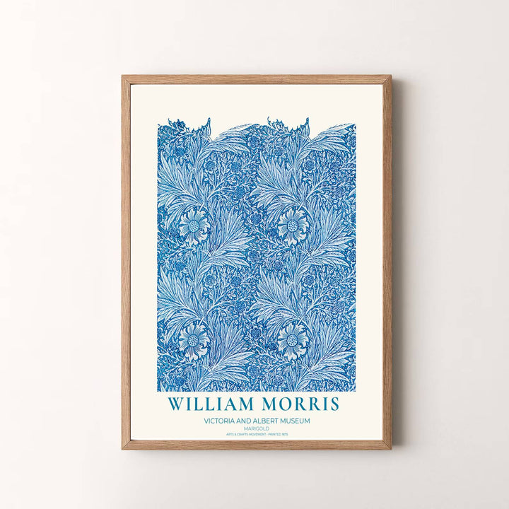 Vibrant botanical gallery wall piece featuring William Morris Marigold foliage in royal blue and cyan. Shop versatile framed, unframed, and canvas options available at MapYourDreams.