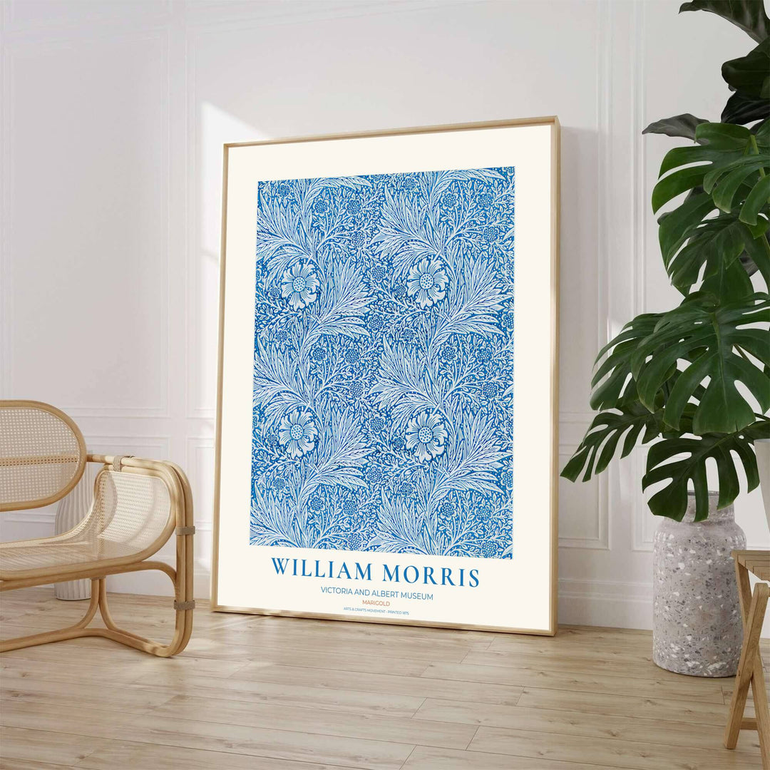Classic blue and white botanical art poster by William Morris featuring Marigold foliage, ideal for coastal living room spaces. Select from elegant framed, unframed, and canvas options available at MapYourDreams.