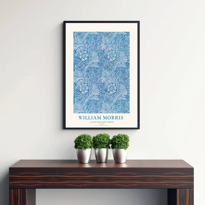 Cobalt blue and off-white foliage in a restored vintage William Morris Marigold exhibition print. MapYourDreams offers custom framed, unframed, and canvas options available for any room decor.