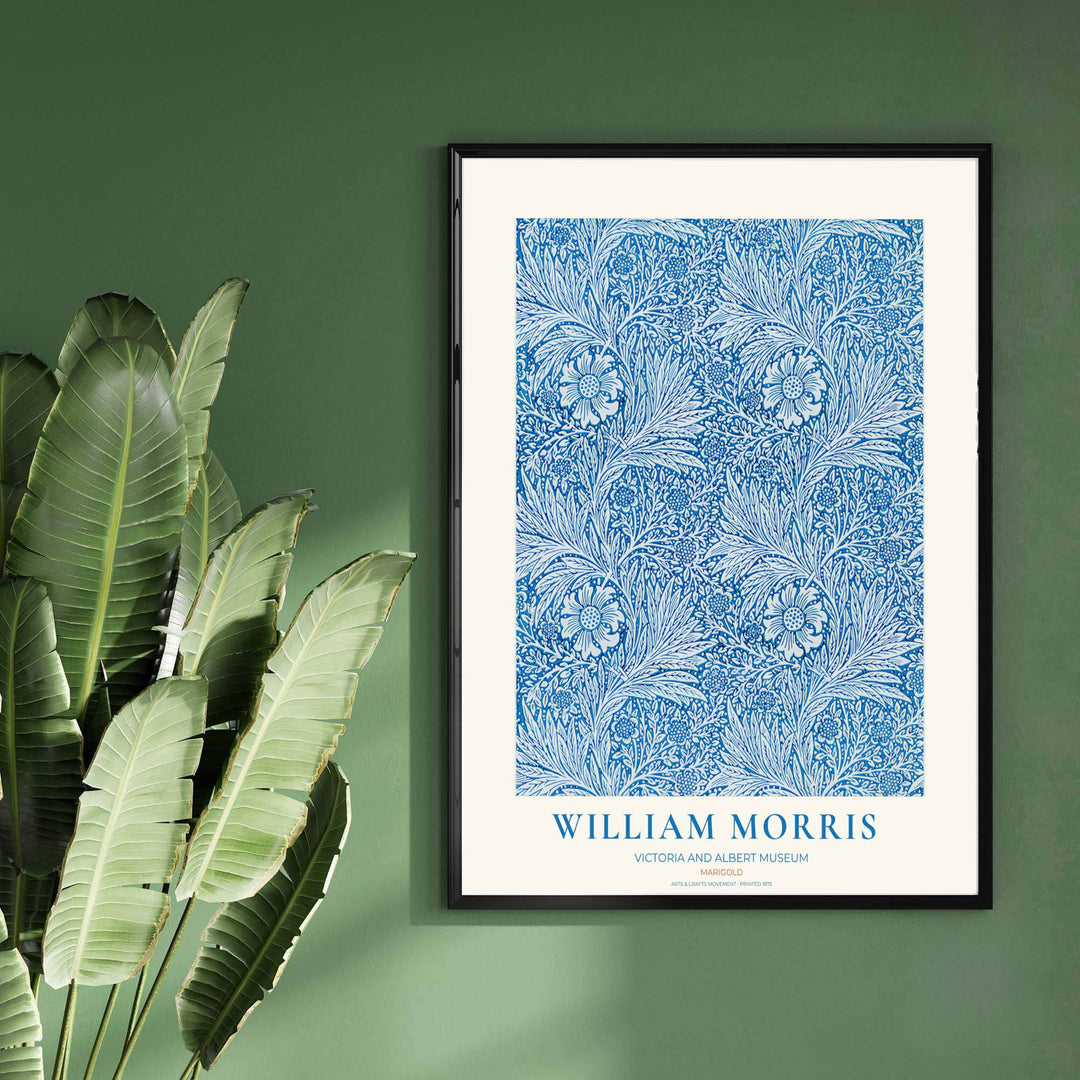 High-contrast botanical pattern artwork by William Morris featuring Marigold floral motifs for gallery walls. Order archival framed, unframed, and canvas options available at MapYourDreams now.