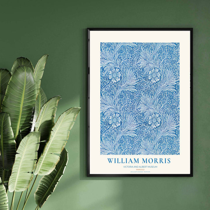 High-contrast botanical pattern artwork by William Morris featuring Marigold floral motifs for gallery walls. Order archival framed, unframed, and canvas options available at MapYourDreams now.