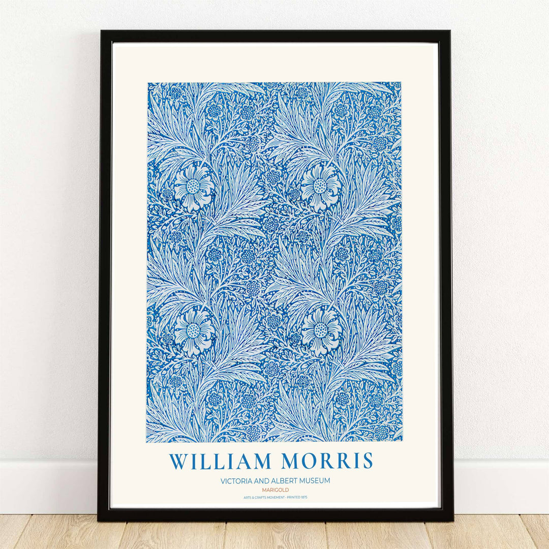 Swirling cobalt blue marigold blossoms over a soft cream background in a William Morris Marigold print. MapYourDreams provides framed, unframed, and canvas options available for home interior decoration.