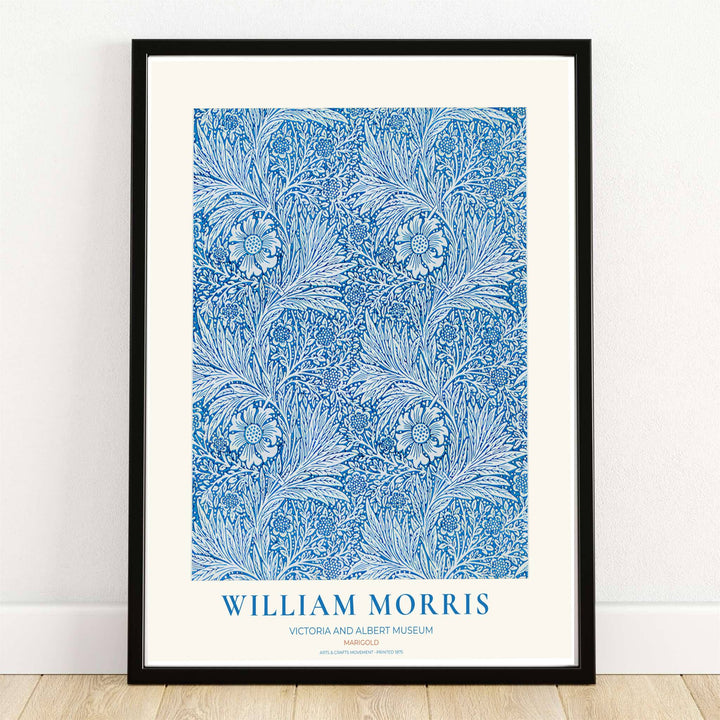 Swirling cobalt blue marigold blossoms over a soft cream background in a William Morris Marigold print. MapYourDreams provides framed, unframed, and canvas options available for home interior decoration.