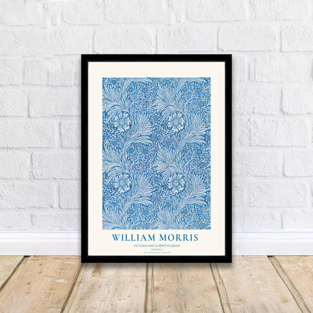 Classic English decorative poster showcasing the 1875 William Morris Marigold design in cobalt blue and white. Browse fine framed, unframed, and canvas options available at MapYourDreams.
