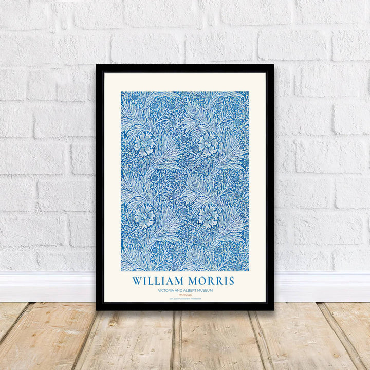 Classic English decorative poster showcasing the 1875 William Morris Marigold design in cobalt blue and white. Browse fine framed, unframed, and canvas options available at MapYourDreams.