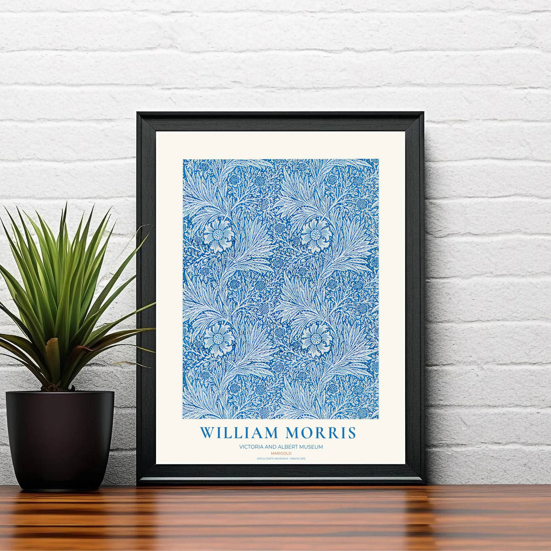 Winding blue stems and marigold blooms by William Morris rendered in a crisp botanical layout. Choose high quality framed, unframed, and canvas options available at MapYourDreams today.