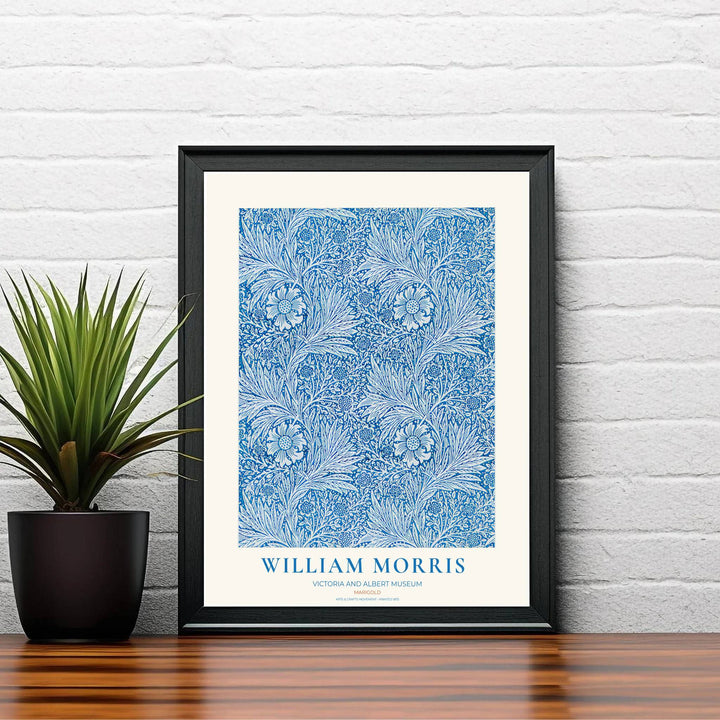 Winding blue stems and marigold blooms by William Morris rendered in a crisp botanical layout. Choose high quality framed, unframed, and canvas options available at MapYourDreams today.