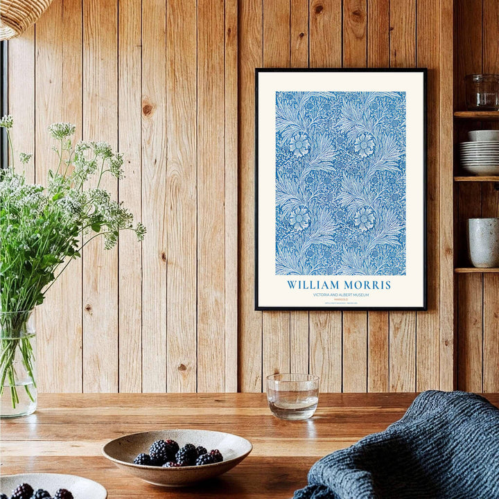 Museum-quality reproduction of the blue William Morris Marigold wallpaper layout, printed on archival matte paper. Find framed, unframed, and canvas options available at MapYourDreams.