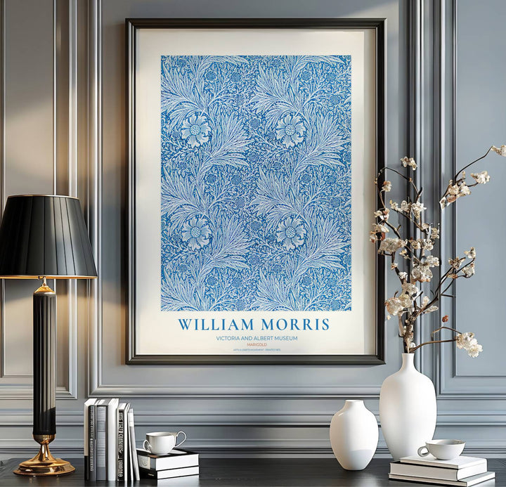 Charming vintage botanical poster illustrating 19th-century William Morris Marigold foliage with museum text. MapYourDreams brings you beautiful framed, unframed, and canvas options available for wall styling.