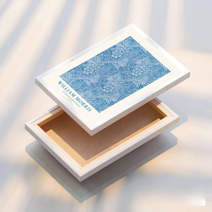Striking blue white floral wall hanging featuring William Morris Marigold motifs from the V&amp;A museum collection. Choose framed, unframed, and canvas options available from MapYourDreams.