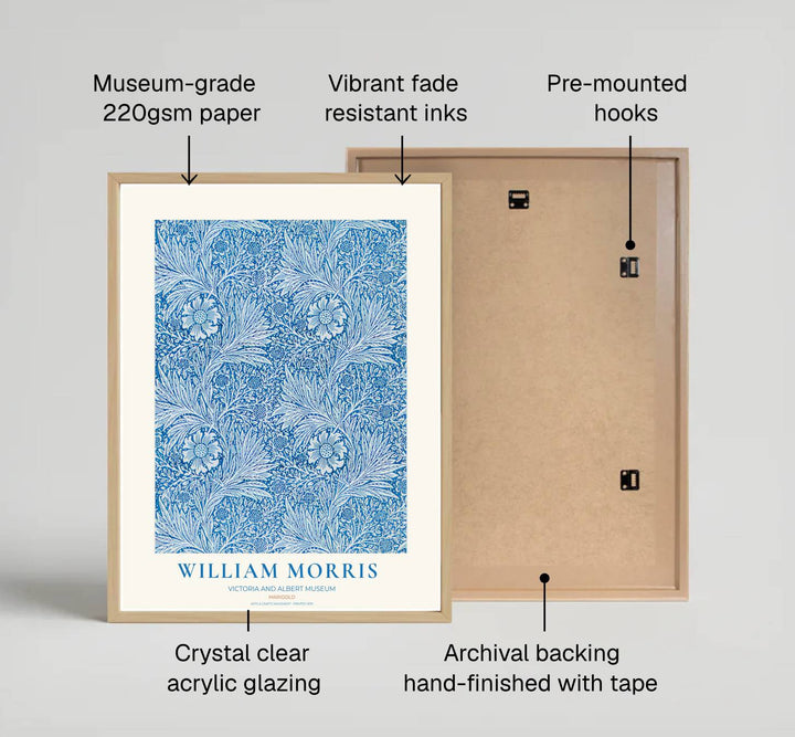 Historic Arts and Crafts Movement wall art print displaying the William Morris Marigold layout in blue white tones. Discover premium framed, unframed, and canvas options available at MapYourDreams.