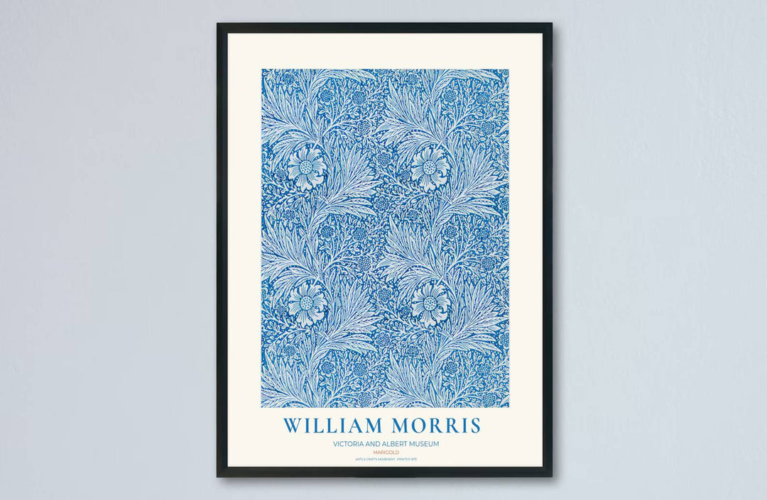 Vintage English heritage poster showing a dense blue tapestry of William Morris Marigold vines on paper. Explore our selection of framed, unframed, and canvas options available at MapYourDreams.