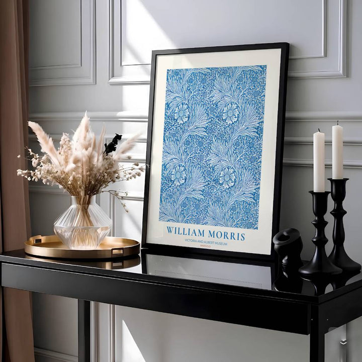 Intricate 1875 William Morris Marigold wallpaper pattern in classic blue and white with V&amp;A museum text. Shop high quality framed, unframed, and canvas options available today at MapYourDreams.