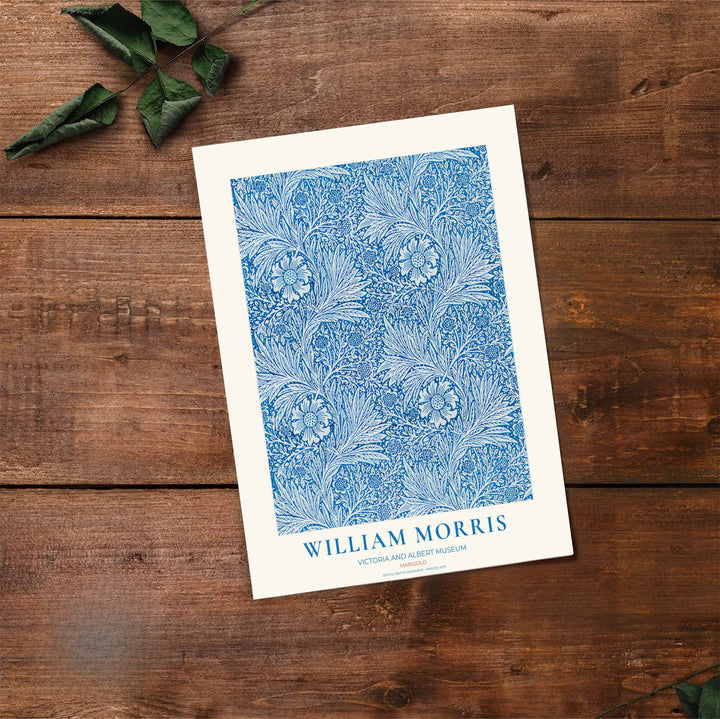 Classic blue white botanical decor print featuring Marigold foliage by William Morris, framed in a clean layout. Order your favorite framed, unframed, and canvas options available at MapYourDreams.