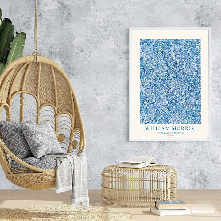 Classic blue floral tapestry print illustrating William Morris Marigold foliage, designed for bright interior schemes. Select fine framed, unframed, and canvas options available at MapYourDreams.