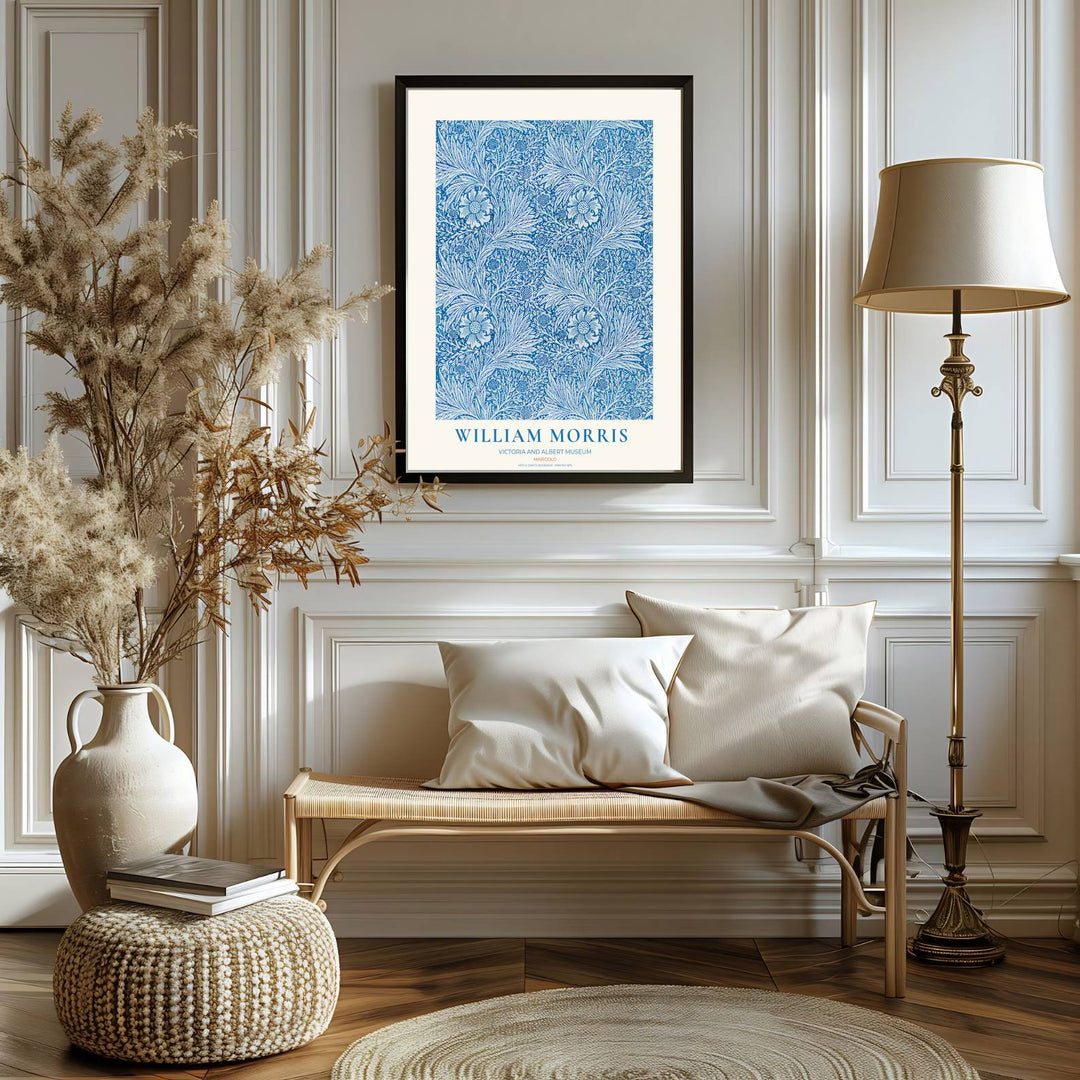 Fine art print of the William Morris Marigold design, displaying historic botanical craftsmanship in blue and white. MapYourDreams features top quality framed, unframed, and canvas options available.
