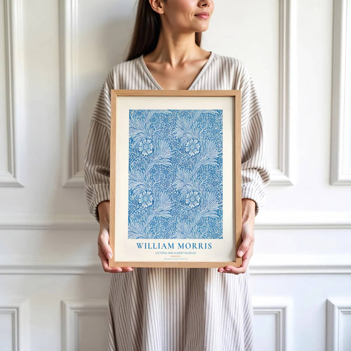 Refreshing living room art print displaying the 1875 William Morris Marigold layout in cobalt blue and cream. MapYourDreams has ready-to-hang framed, unframed, and canvas options available for decor.