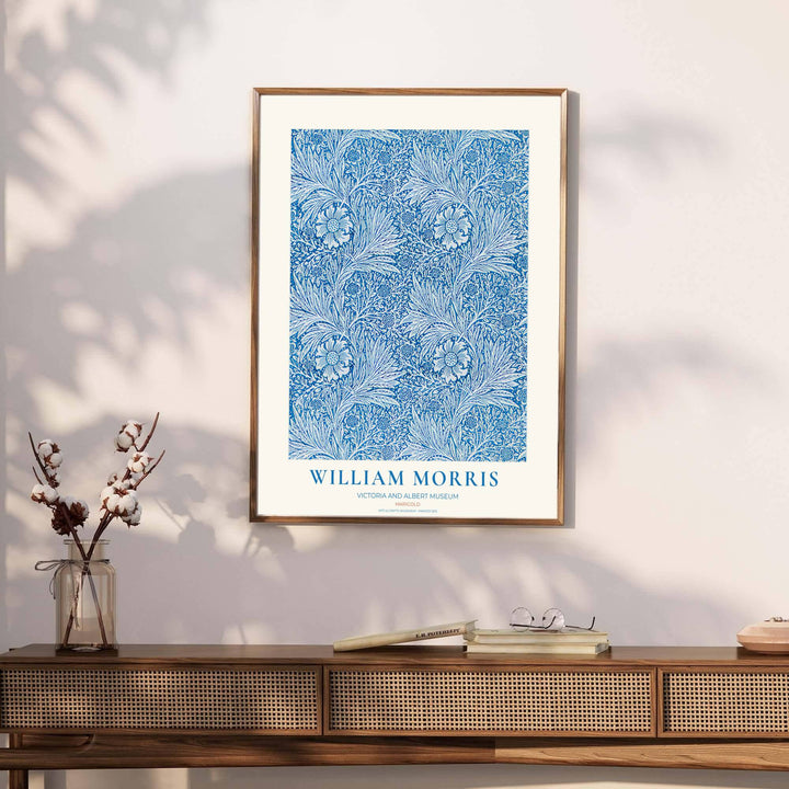 Archival exhibition poster of the blue white William Morris Marigold design with Victoria &amp; Albert Museum text. Discover our tailored framed, unframed, and canvas options available at MapYourDreams.