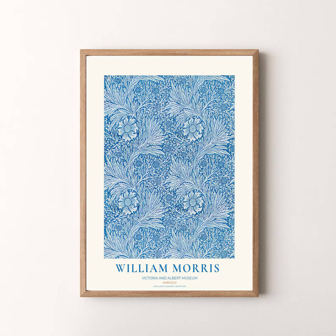 Vibrant botanical gallery wall piece featuring William Morris Marigold foliage in cobalt blue and white. Shop versatile framed, unframed, and canvas options available at MapYourDreams.