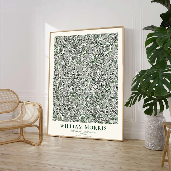 Peaceful green and cream botanical art poster by William Morris featuring Marigold foliage, ideal for bedroom wall spaces. Select from elegant framed, unframed, and canvas options available at MapYourDreams.