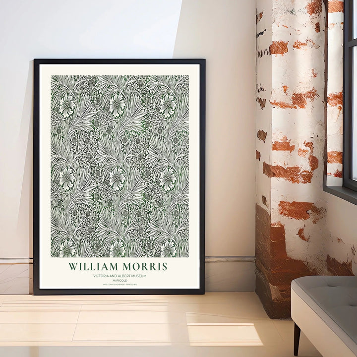 Elegant William Morris heritage wallpaper print showing green and cream floral tendrils in a clean museum border. Explore durable framed, unframed, and canvas options available from MapYourDreams.