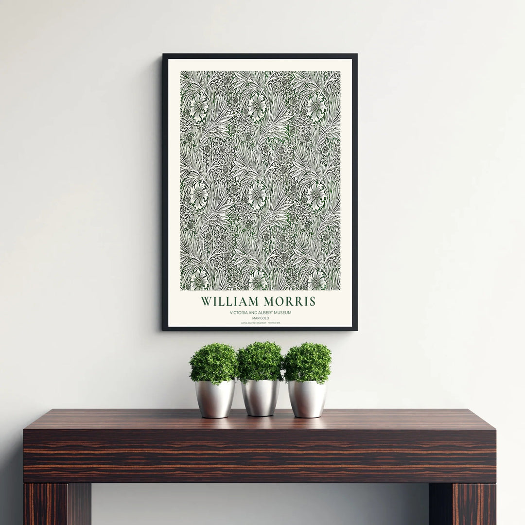 Deep olive green and cream foliage in a restored vintage William Morris Marigold exhibition print. MapYourDreams offers custom framed, unframed, and canvas options available for any room decor.