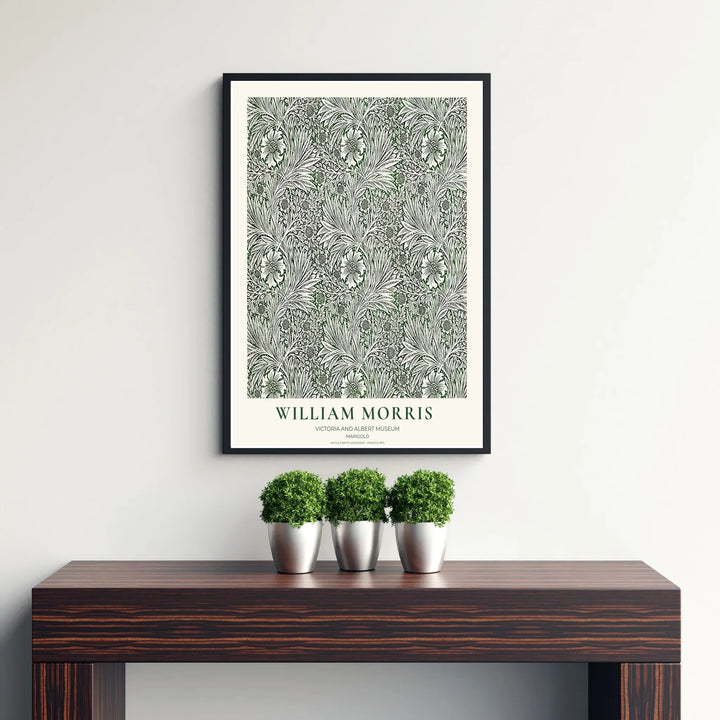 Deep olive green and cream foliage in a restored vintage William Morris Marigold exhibition print. MapYourDreams offers custom framed, unframed, and canvas options available for any room decor.