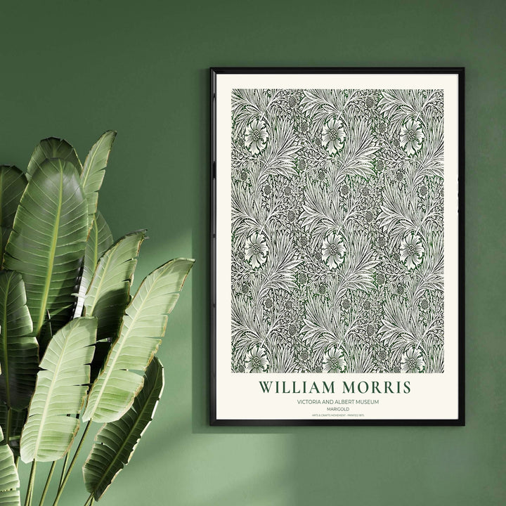 High-contrast botanical pattern artwork by William Morris featuring Marigold floral motifs for gallery walls. Order archival framed, unframed, and canvas options available at MapYourDreams now.