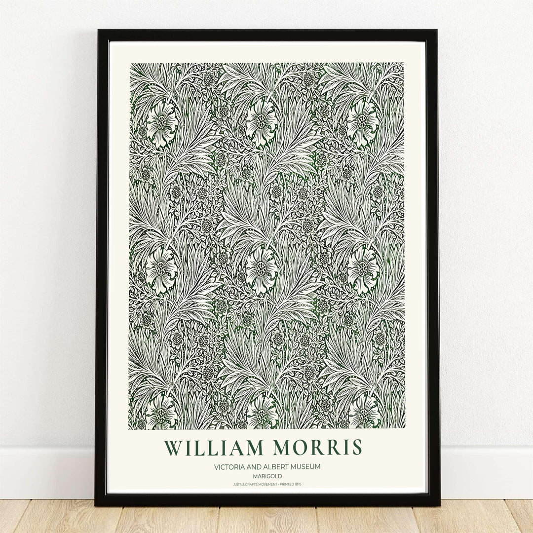 Swirling cream marigold blossoms over a deep olive green background in a William Morris Marigold print. MapYourDreams provides framed, unframed, and canvas options available for home interior decoration.