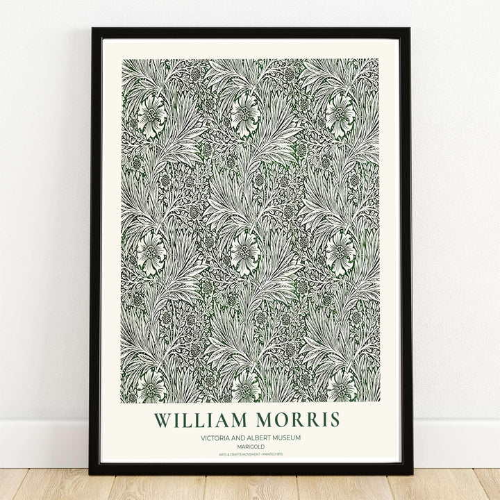 Swirling cream marigold blossoms over a deep olive green background in a William Morris Marigold print. MapYourDreams provides framed, unframed, and canvas options available for home interior decoration.