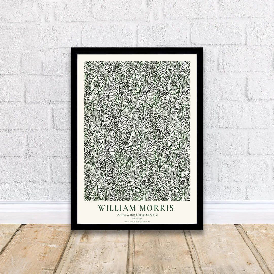 Classic English decorative poster showcasing the 1875 William Morris Marigold design in deep green and cream. Browse fine framed, unframed, and canvas options available at MapYourDreams.