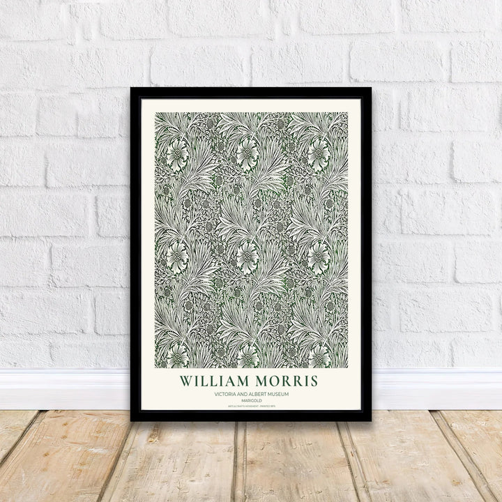 Classic English decorative poster showcasing the 1875 William Morris Marigold design in deep green and cream. Browse fine framed, unframed, and canvas options available at MapYourDreams.