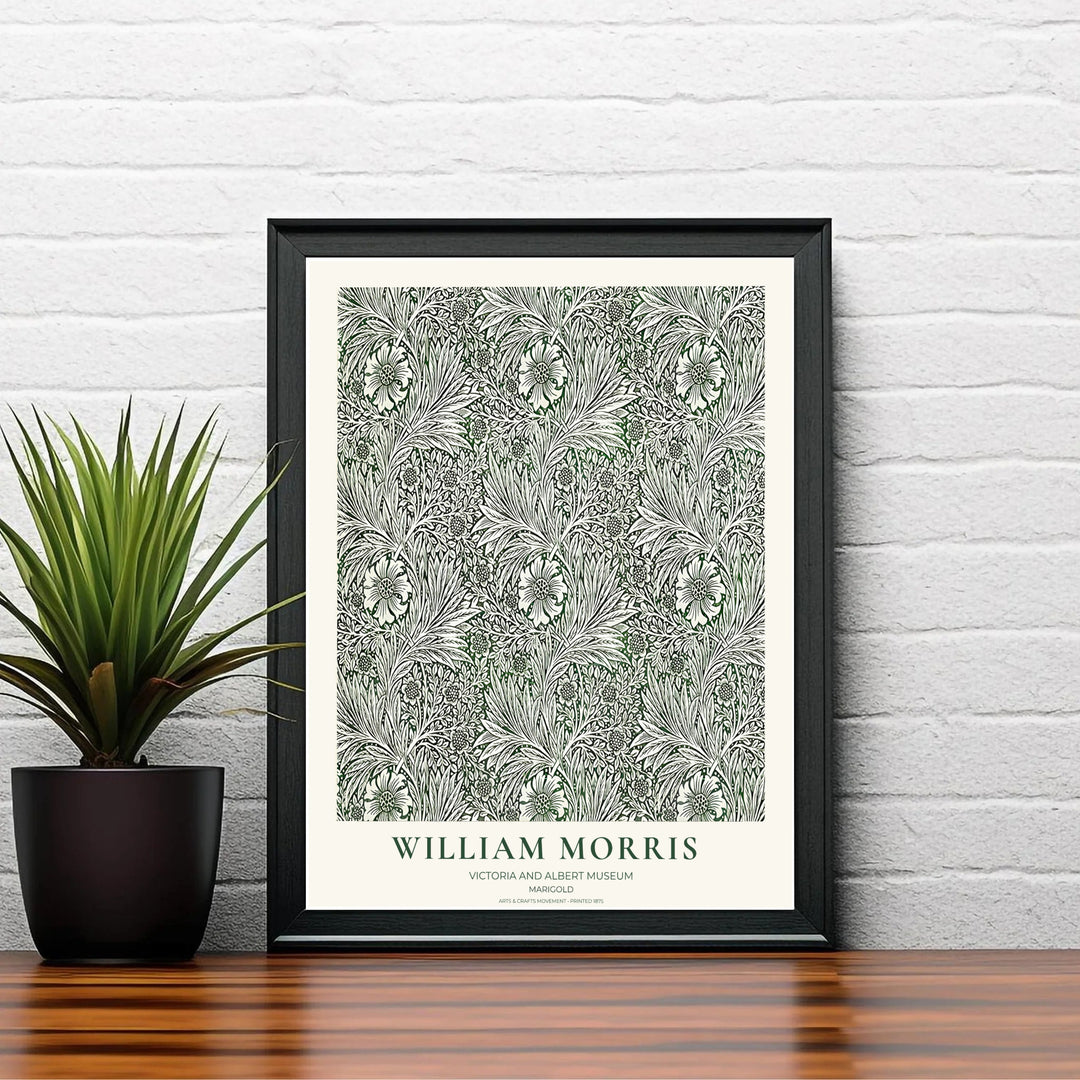 Winding cream stems and marigold blooms by William Morris rendered over olive green. Choose high quality framed, unframed, and canvas options available at MapYourDreams today.