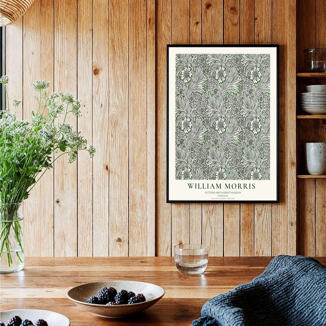 Museum-quality reproduction of the green William Morris Marigold wallpaper layout, printed on archival matte paper. Find framed, unframed, and canvas options available at MapYourDreams.