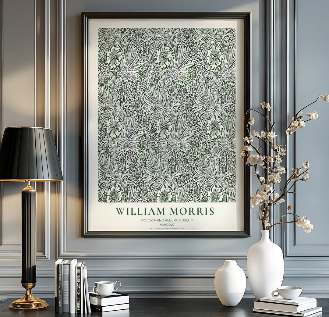 Charming vintage botanical poster illustrating 19th-century William Morris Marigold foliage with museum text. MapYourDreams brings you beautiful framed, unframed, and canvas options available for wall styling.