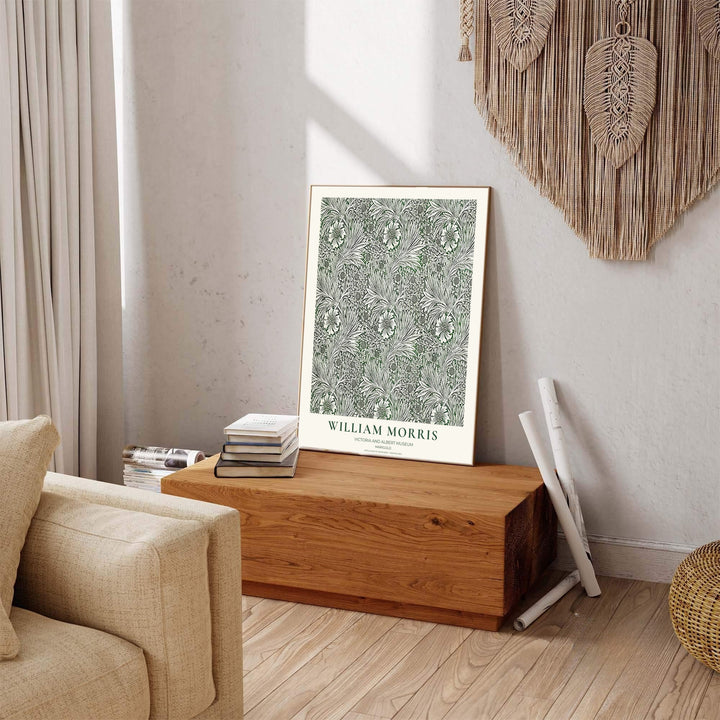 Restored 1875 William Morris exhibition poster combining olive green and cream hues with historic Arts and Crafts art. Shop stunning framed, unframed, and canvas options available at MapYourDreams.
