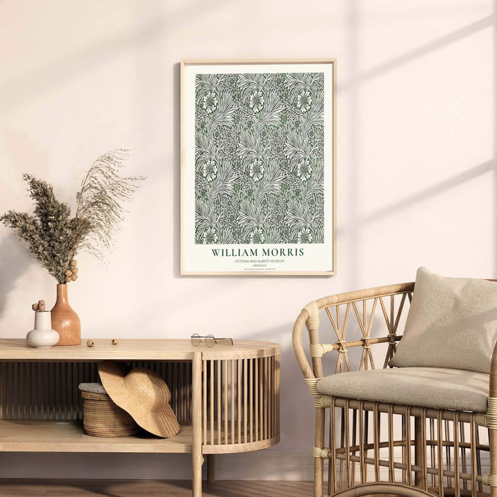 Detailed botanical illustration of cream marigold flowers and swirling leaves on sweeping vines by William Morris. MapYourDreams provides archival framed, unframed, and canvas options available to buy.