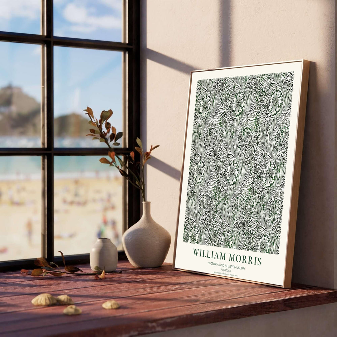 Historic Arts and Crafts Movement wall art print displaying the William Morris Marigold layout in olive green tones. Discover premium framed, unframed, and canvas options available at MapYourDreams.